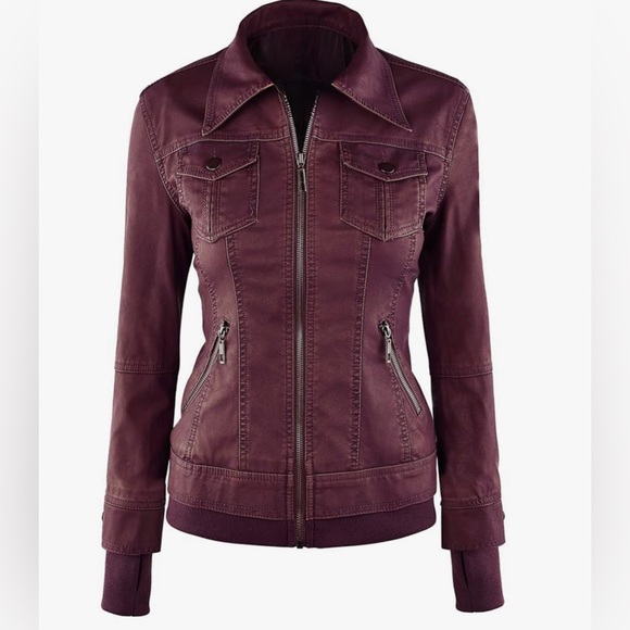 Faux Leather Jacket Women Motorcycle Coat for Biker with Removable Hood -wine - Picture 3 of 7